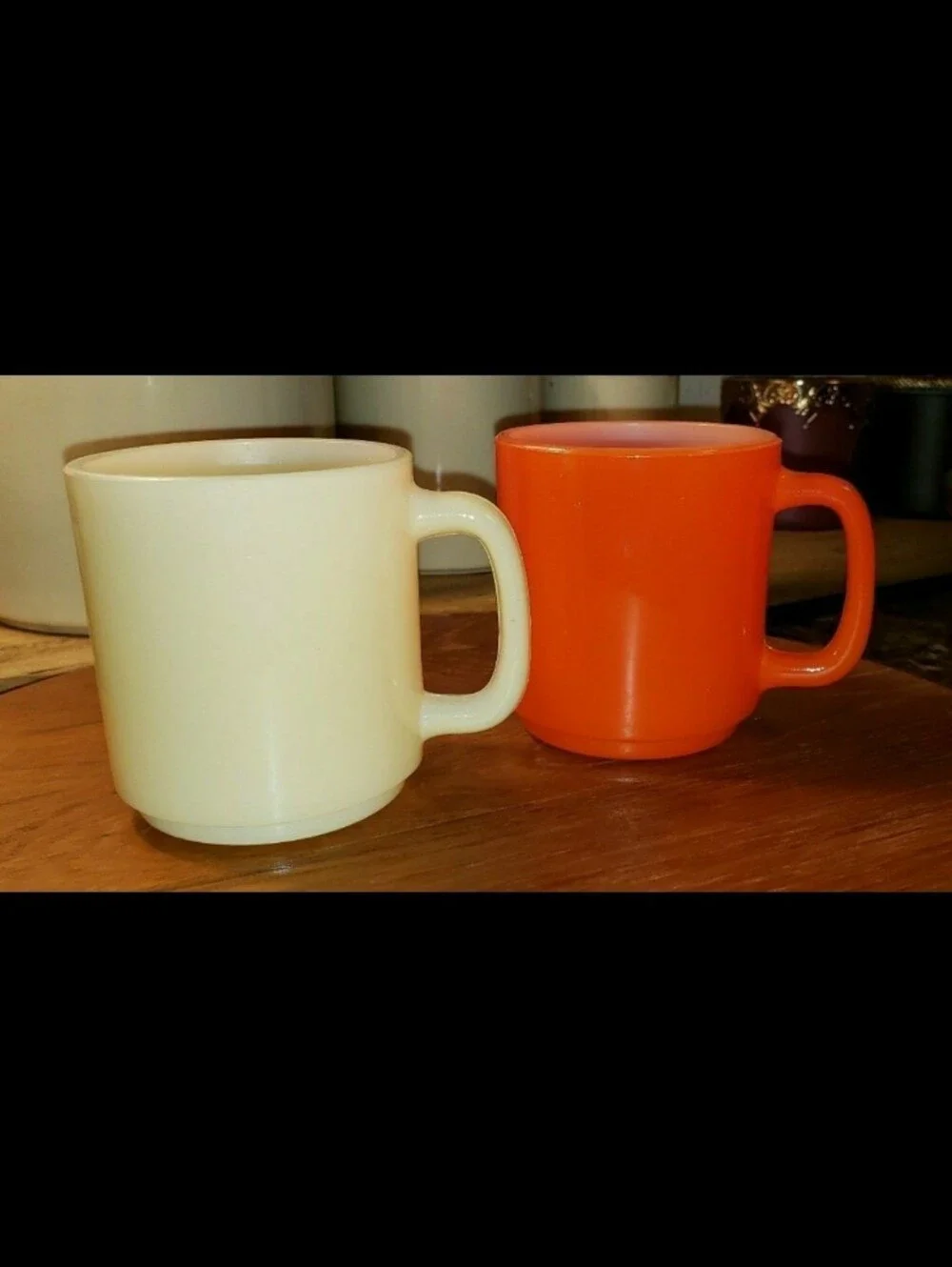 Glasbake Mugs, Set Of Two (2)Orangish-Red & Ivory
